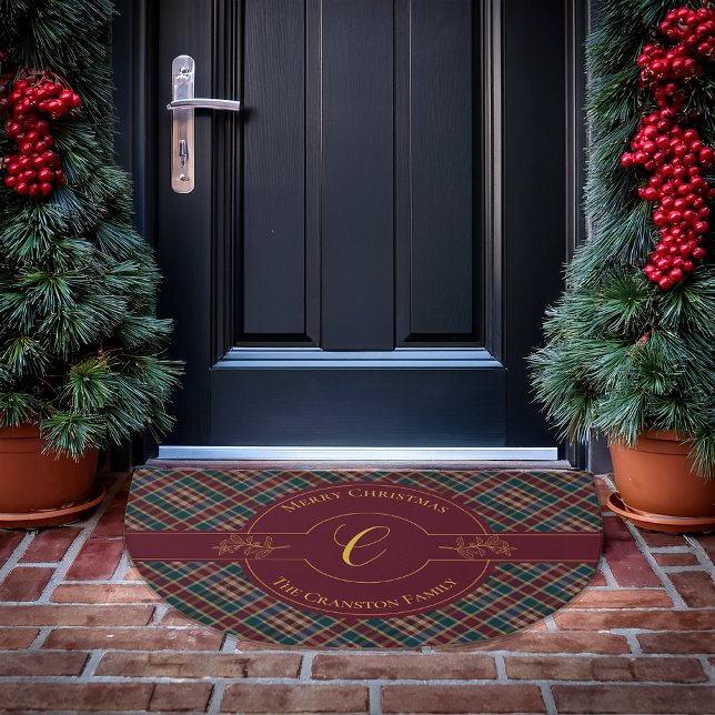 Elegant Gold Monogram Plaid Christmas Holiday  Doormat (Elegant Gold Monogram Holly and Berries and Rich Dark Plaid Christmas Holiday Doormat)