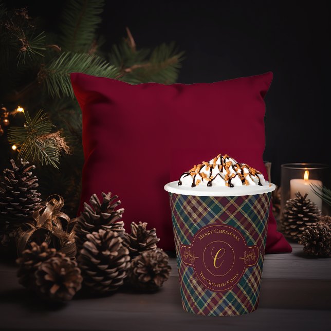 Elegant Gold Monogram Plaid Christmas Holiday  Paper Cups (Elegant Gold Monogram Holly and Berries and Rich Dark Plaid Christmas Holiday Paper Cups)