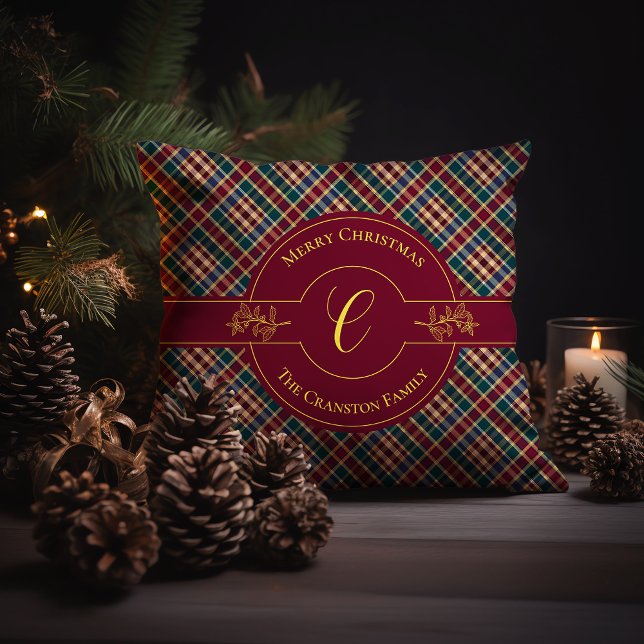 Elegant Gold Monogram Plaid Christmas Holiday  Throw Pillow (Elegant Gold Monogram Holly and Berries and Rich Dark Plaid Christmas Holiday Throw Pillow)