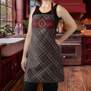 Elegant Gold Monogram Plaid - Cranberry Blue Teal Apron