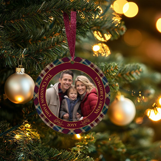 Elegant Gold Monogram Plaid - Cranberry Blue Teal  Ceramic Ornament (Elegant Gold Tone Holly and Berries Family Name, Photo, Greeting with Year | Message Ornament -Front)