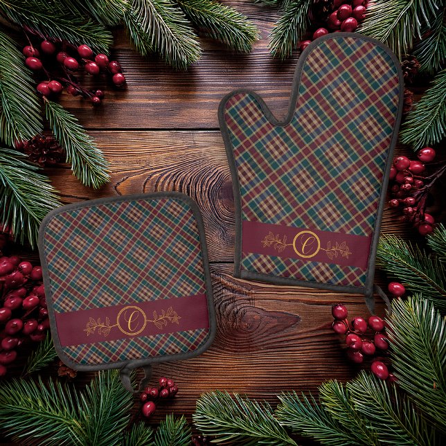 Elegant Gold Monogram Plaid - Cranberry Blue Teal  Oven Mitt & Pot Holder Set (Elegant Gold Monogram Holly and Berries Dark Rich Plaid Christmas Holiday  Oven Mitt | Pot Holder)