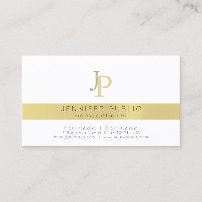 Elegant Gold Monogram Professional Modern White Business Card (Front)