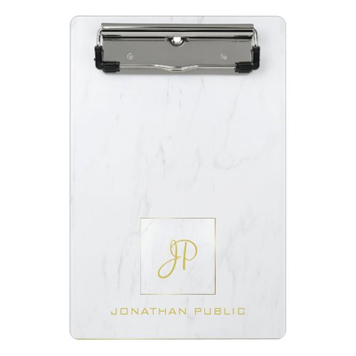 Elegant Gold Monogram Professional White Marble Mini Clipboard