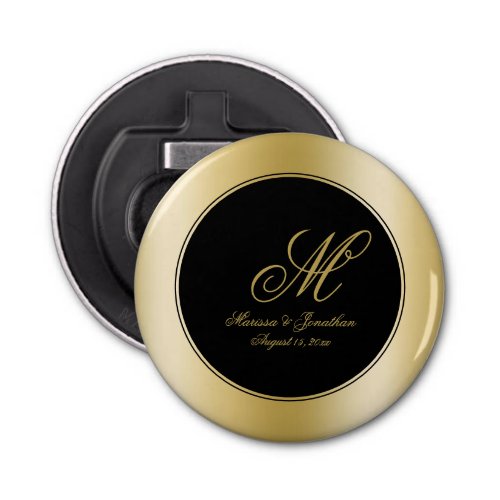 Elegant Gold Monogram Script Black Wedding Bottle Opener