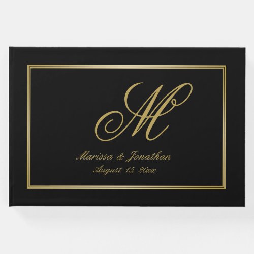 Elegant Gold Monogram Script Black Wedding  Guest Book