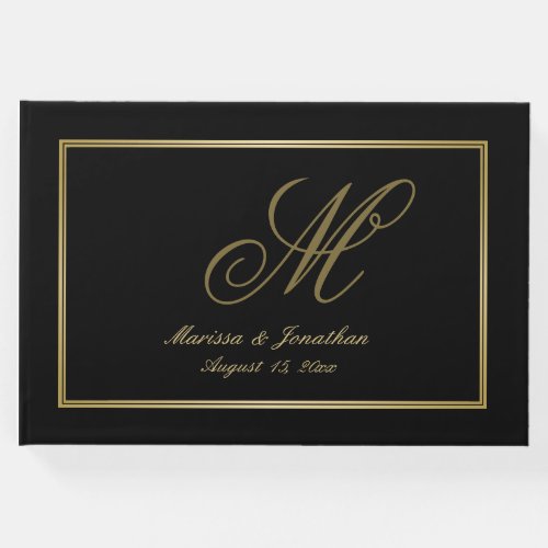 Elegant Gold Monogram Script Black Wedding  Guest Book