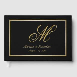 Elegant Gold Monogram Script Black Wedding  Guest Book
