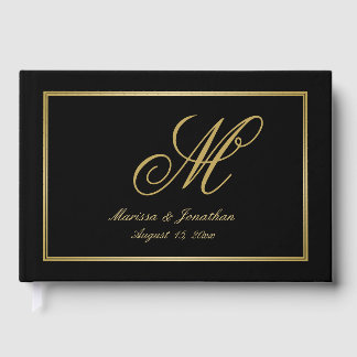 Elegant Gold Monogram Script Black Wedding Guest Book
