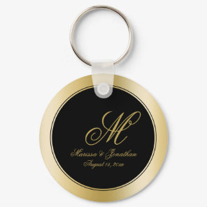 Elegant Gold Monogram Script Black Wedding Keychain