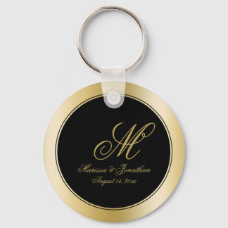 Elegant Gold Monogram Script Black Wedding Keychain