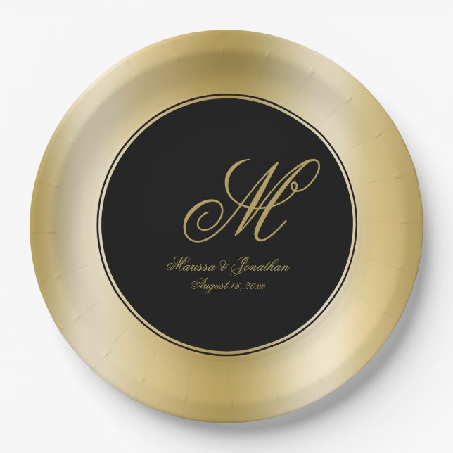 Elegant Gold Monogram Script Black Wedding Paper Plates (Front)