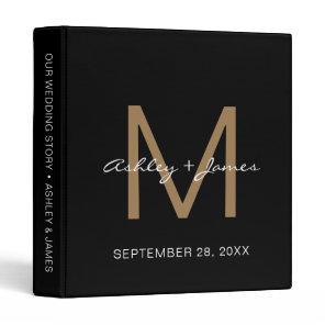 Elegant Gold Monogram Script Black Wedding Planner 3 Ring Binder