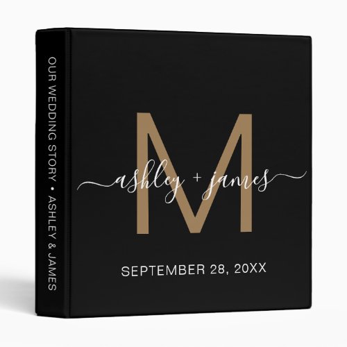 Elegant Gold Monogram Script Black Wedding Planner 3 Ring Binder