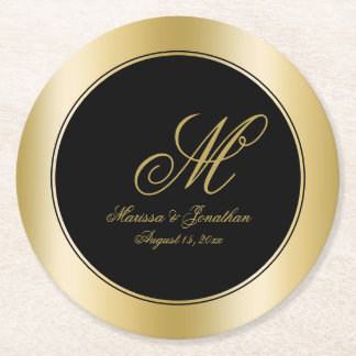 Elegant Gold Monogram Script Black Wedding Round Paper Coaster