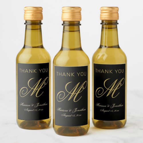 Elegant Gold Monogram Script Black Wedding Wine Label