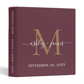 Elegant Gold Monogram Script Burgundy Wedding 3 Ring Binder