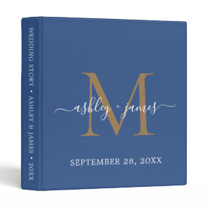 Elegant Gold Monogram Script Classic Blue Wedding 3 Ring Binder