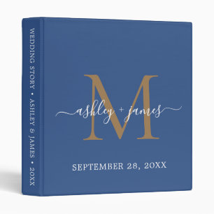 Elegant Gold Monogram Script Classic Blue Wedding 3 Ring Binder