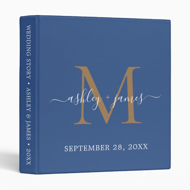 Elegant Gold Monogram Script Classic Blue Wedding 3 Ring Binder (Front/Spine)