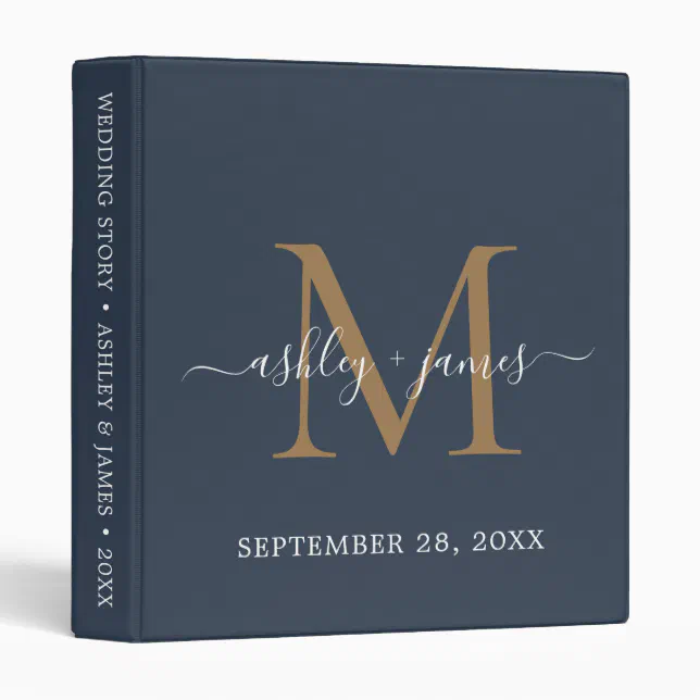 Elegant Gold Monogram Script Dark Blue Wedding 3 Ring Binder | Zazzle