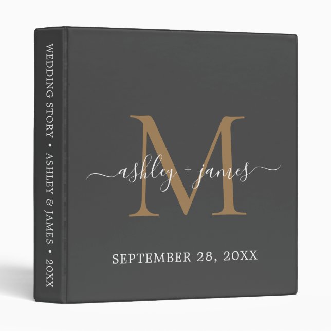 Elegant Gold Monogram Script Dark Gray Wedding 3 Ring Binder (Front/Spine)