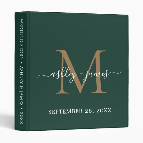 Elegant Gold Monogram Script Dark Green Wedding 3 Ring Binder