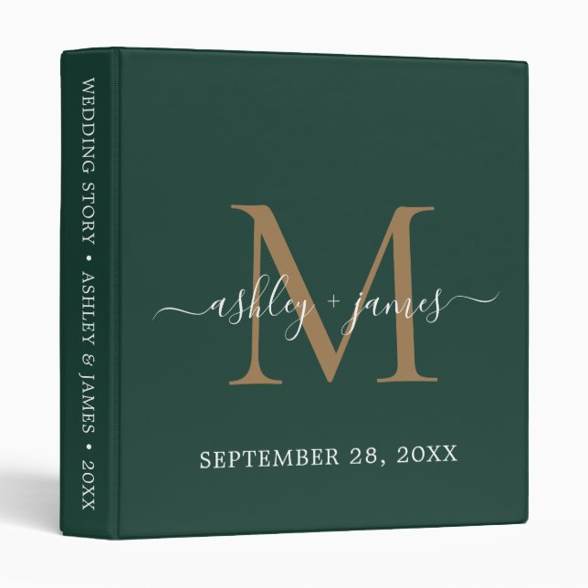 Elegant Gold Monogram Script Dark Green Wedding 3 Ring Binder (Front/Spine)