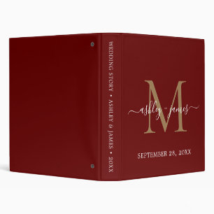 Elegant Gold Monogram Script Dark Red Wedding 3 Ring Binder