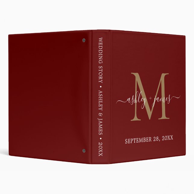 Elegant Gold Monogram Script Dark Red Wedding 3 Ring Binder (Background)