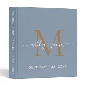 Elegant Gold Monogram Script Dusty Blue Wedding 3 Ring Binder