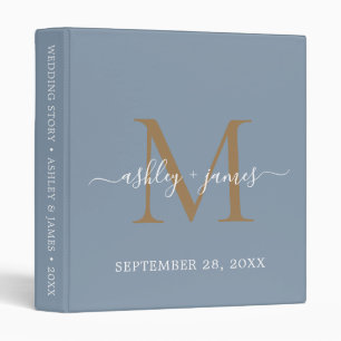 Elegant Gold Monogram Script Dusty Blue Wedding 3 Ring Binder