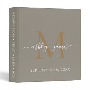Elegant Gold Monogram Script Gray Wedding 3 Ring Binder