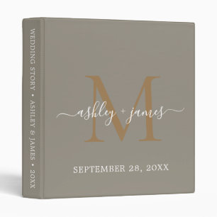 Elegant Gold Monogram Script Gray Wedding 3 Ring Binder