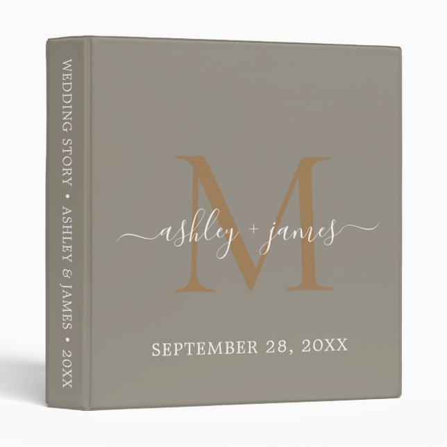 Elegant Gold Monogram Script Gray Wedding 3 Ring Binder (Front/Spine)