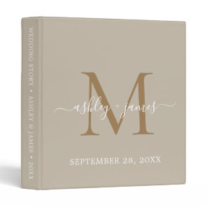 Elegant Gold Monogram Script Gray Wedding 3 Ring Binder