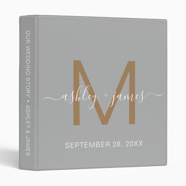 Elegant Gold Monogram Script Gray Wedding Planner 3 Ring Binder (Front/Spine)