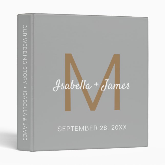 Elegant Gold Monogram Script Gray Wedding Planner 3 Ring Binder (Front/Spine)