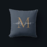 Elegant Gold Monogram Script Names Wedding Blue Throw Pillow<br><div class="desc">Chic monogrammed keepsake pillow with your names and monogram in ivory elegant handwritten script calligraphy and gold modern typography on a dark blue background. Simply add your names and monogram. Exclusively designed for you by Happy Dolphin Studio. If you need any help or matching products, please contact us at happydolphinstudio@outlook.com....</div>