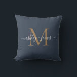 Elegant Gold Monogram Script Names Wedding Blue Throw Pillow<br><div class="desc">Chic monogrammed keepsake pillow with your names and monogram in ivory elegant handwritten script calligraphy and gold modern typography on a dark blue background. Simply add your names and monogram. Exclusively designed for you by Happy Dolphin Studio. If you need any help or matching products, please contact us at happydolphinstudio@outlook.com....</div>