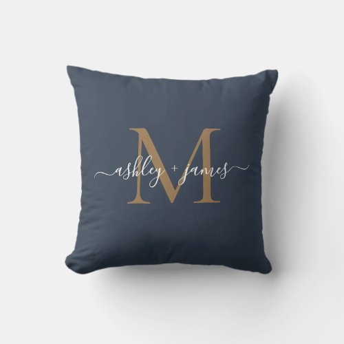 Elegant Gold Monogram Script Names Wedding Blue Throw Pillow
