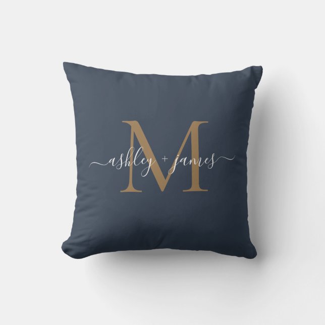 Elegant Gold Monogram Script Names Wedding Blue Throw Pillow (Front)