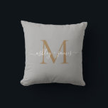 Elegant Gold Monogram Script Names Wedding Gray Throw Pillow<br><div class="desc">Chic monogrammed keepsake pillow with your names and monogram in white elegant handwritten script calligraphy and gold modern typography on a gray background. Simply add your names and monogram. Exclusively designed for you by Happy Dolphin Studio. If you need any help or matching products, please contact us at happydolphinstudio@outlook.com. We're...</div>