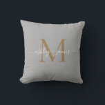 Elegant Gold Monogram Script Names Wedding Gray Throw Pillow<br><div class="desc">Chic monogrammed keepsake pillow with your names and monogram in white elegant handwritten script calligraphy and gold modern typography on a gray background. Simply add your names and monogram. Exclusively designed for you by Happy Dolphin Studio. If you need any help or matching products, please contact us at happydolphinstudio@outlook.com. We're...</div>