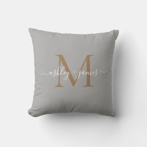 Elegant Gold Monogram Script Names Wedding Gray Throw Pillow