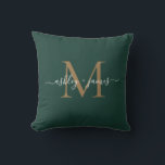 Elegant Gold Monogram Script Names Wedding Green Throw Pillow<br><div class="desc">Chic monogrammed keepsake pillow with your names and monogram in white elegant handwritten script calligraphy and gold modern typography on a dark green background. Simply add your names and monogram. Exclusively designed for you by Happy Dolphin Studio. If you need any help or matching products, please contact us at happydolphinstudio@outlook.com....</div>