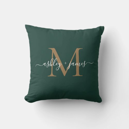 Elegant Gold Monogram Script Names Wedding Green Throw Pillow