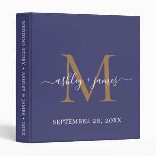 Elegant Gold Monogram Script Navy Blue Wedding 3 Ring Binder