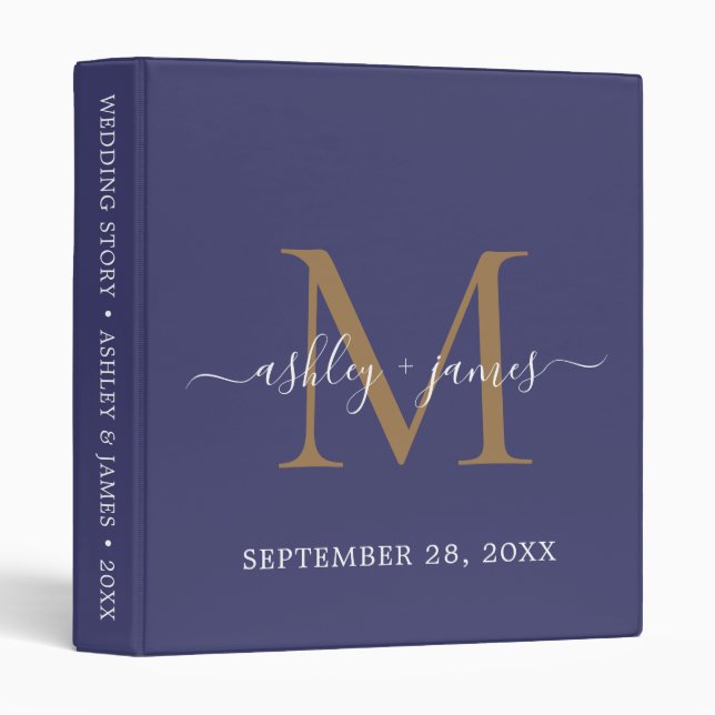 Elegant Gold Monogram Script Navy Blue Wedding 3 Ring Binder (Front/Spine)