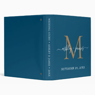 Elegant Gold Monogram Script Ocean Blue Wedding 3 Ring Binder